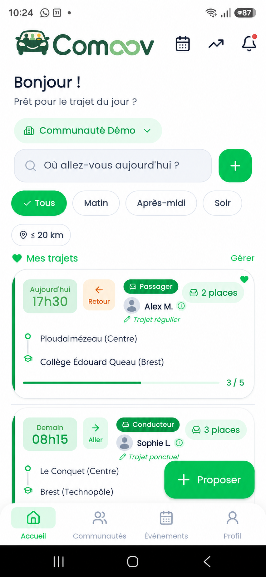 Capture anonymisée de l’application Comoov
